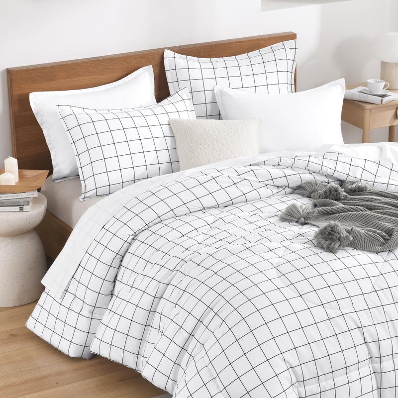 Andency Queen Comforter Set White Gingham, Plaid Grid Checkered Bedding Comforter Set Queen Size, 3 Pieces Lightweight Reversible Geometric Modern Bedding Set(90x90 Inch) - Image 4